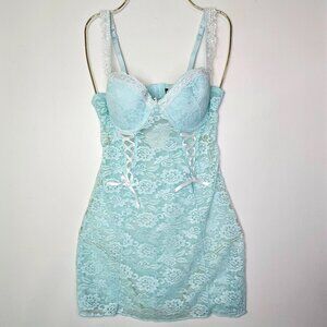 NWOT!! Cassandra Intimates Sheer Lace Mesh Babydoll Chemise S Misty Teal